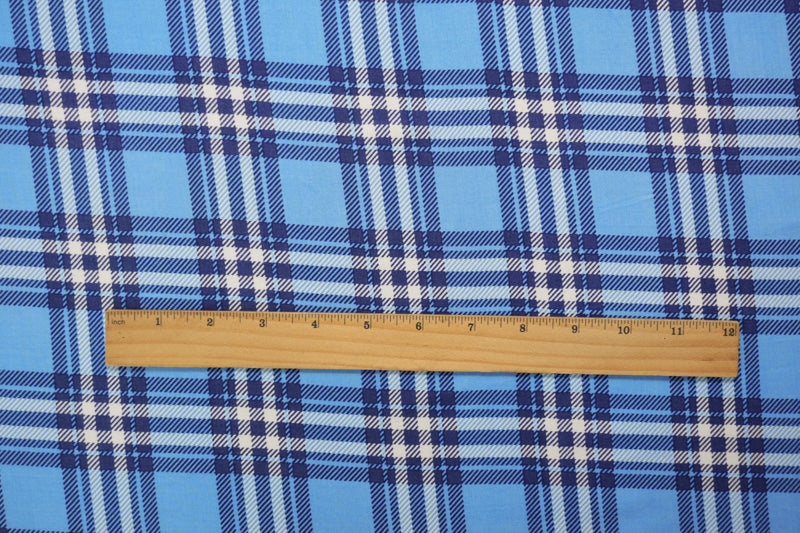 Blue-White Rayon Plaid Printed Challis Woven Fabric