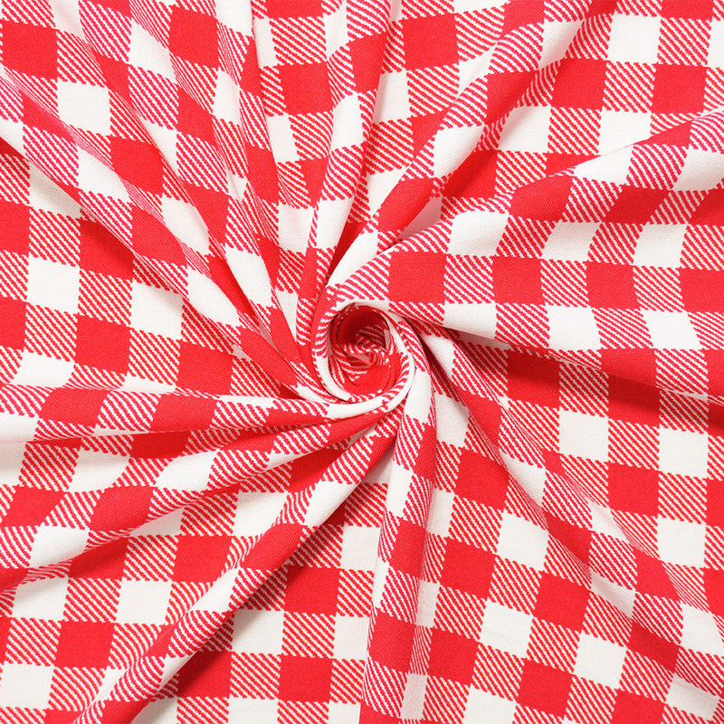 Red-White Rayon Check Printed Challis Woven Fabric
