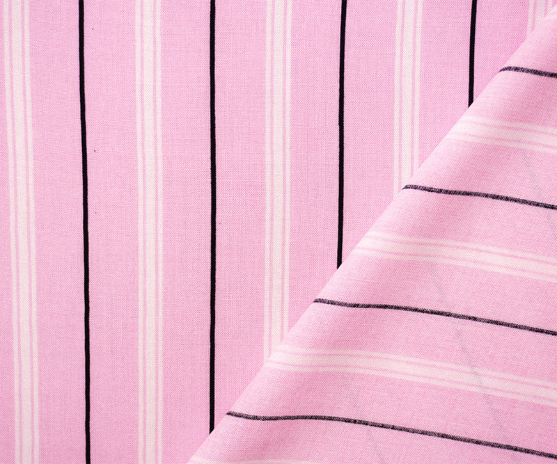 1 1/8 YD PC-Pink-White-Black Rayon Stripe Printed Challis Woven Fabric
