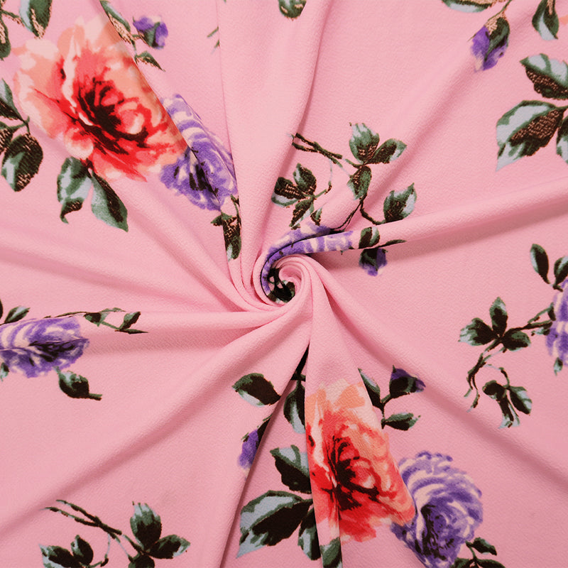 Pink-Purple-Multi Poly Floral Print Liverpool Double Knit Fabric