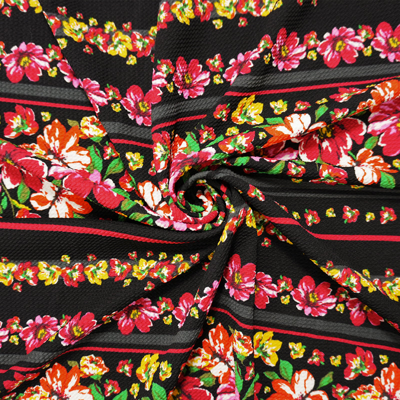 Red-Black-Multi Poly Floral Stripe Print Liverpool Double Knit Fabric