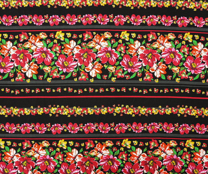 Red-Black-Multi Poly Floral Stripe Print Liverpool Double Knit Fabric