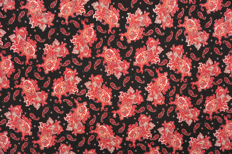 Black-Red-Multi Poly Paisley Print Liverpool Double Knit Fabric