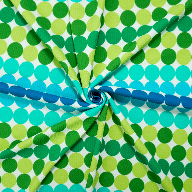 Green-Blue-White Poly Dot Print Liverpool Double Knit Fabric