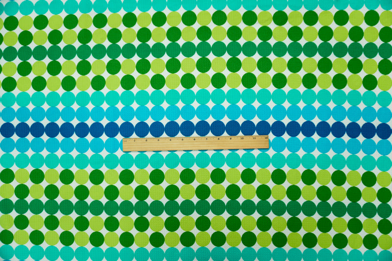 Green-Blue-White Poly Dot Print Liverpool Double Knit Fabric