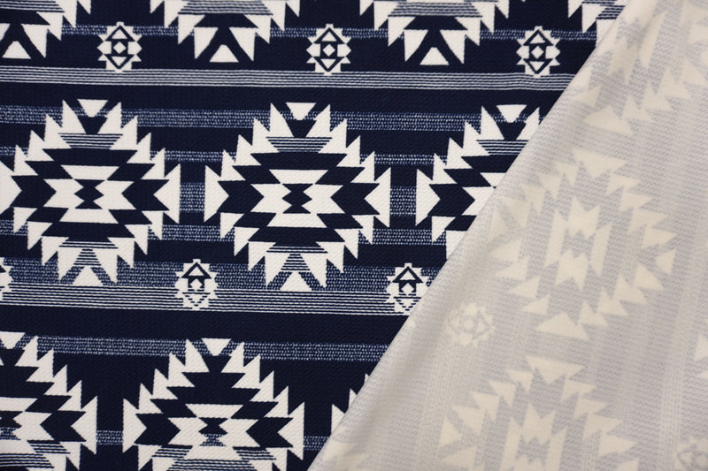 Blue-Ivory Poly Aztec Print Liverpool Double Knit Fabric