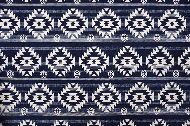 Blue-Ivory Poly Aztec Print Liverpool Double Knit Fabric