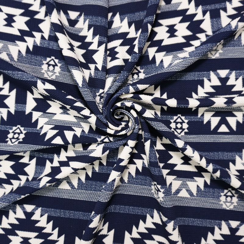 Blue-Ivory Poly Aztec Print Liverpool Double Knit Fabric