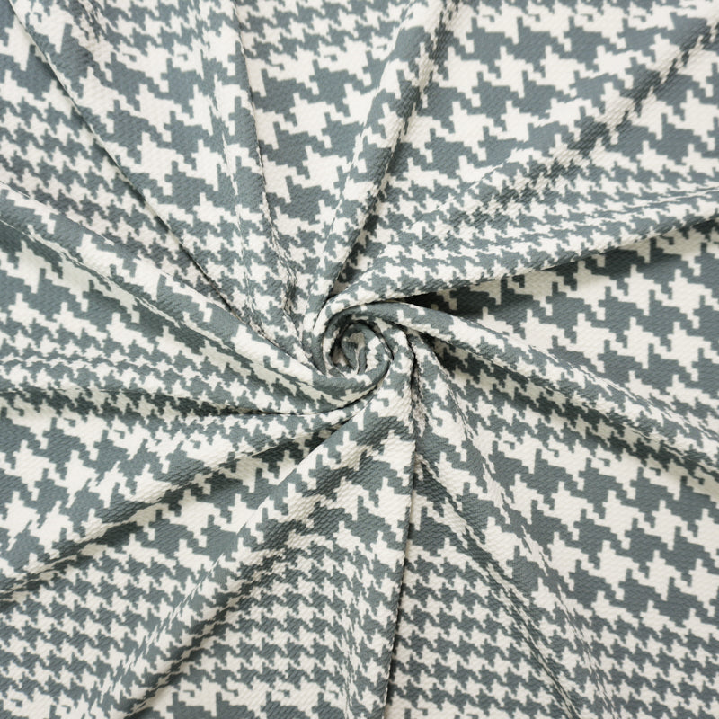 Gray-White Poly Houndstooth Print Liverpool Double Knit Fabric