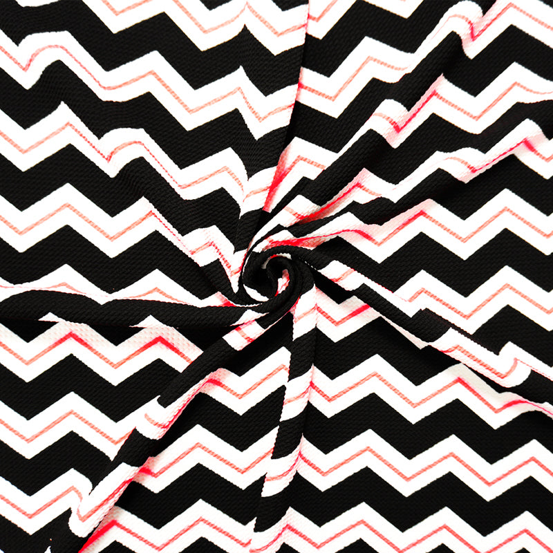 Black-White-Orange Poly Chevron Print Liverpool Double Knit Fabric