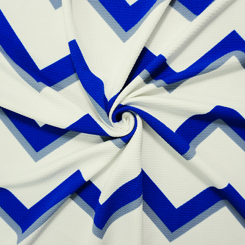 Ivory-Blue-Gray Poly Chevron Print Liverpool Double Knit Fabric