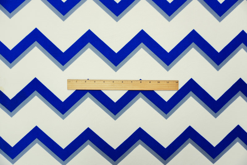 Ivory-Blue-Gray Poly Chevron Print Liverpool Double Knit Fabric