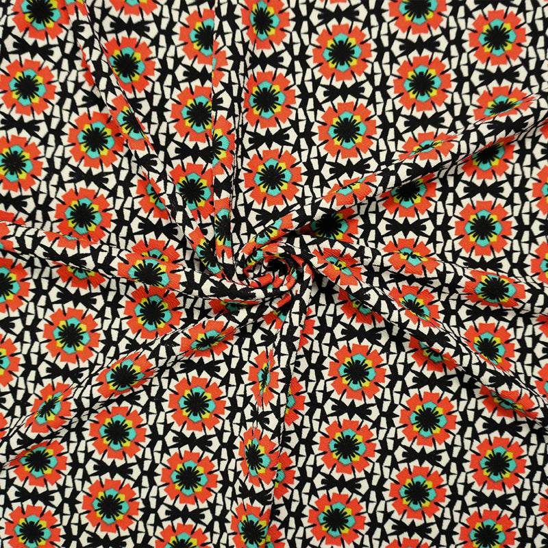 Black-Multi Poly Geo Floral Print Liverpool Double Knit Fabric