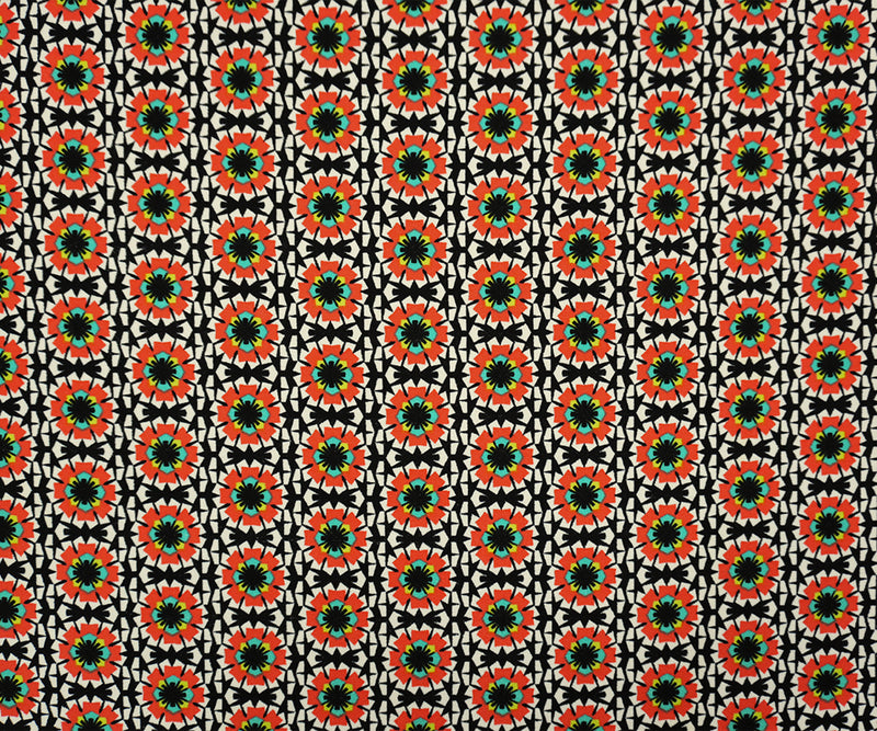 Black-Multi Poly Geo Floral Print Liverpool Double Knit Fabric