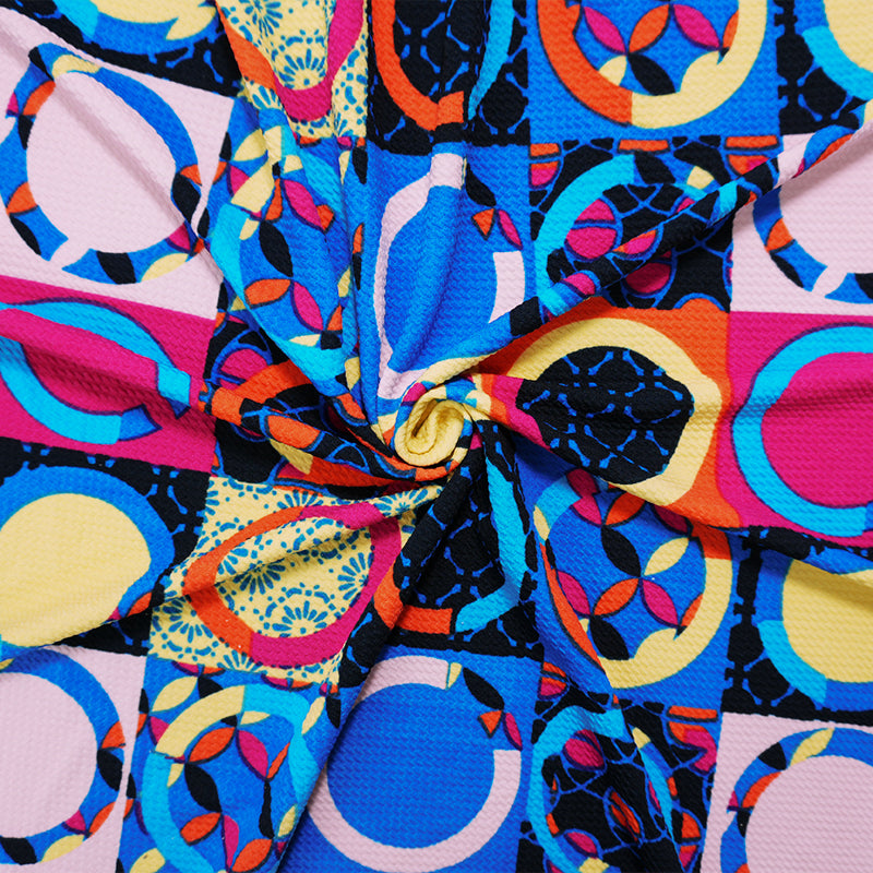 Blue-Pink-Multi Poly Geometric Print Liverpool Double Knit Fabric