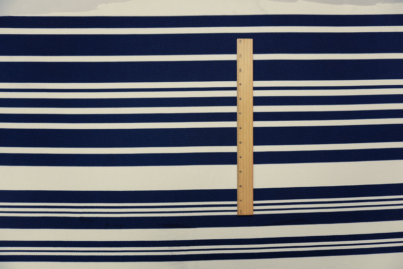 Blue-Ivory Poly Stripe Print Liverpool Double Knit Fabric
