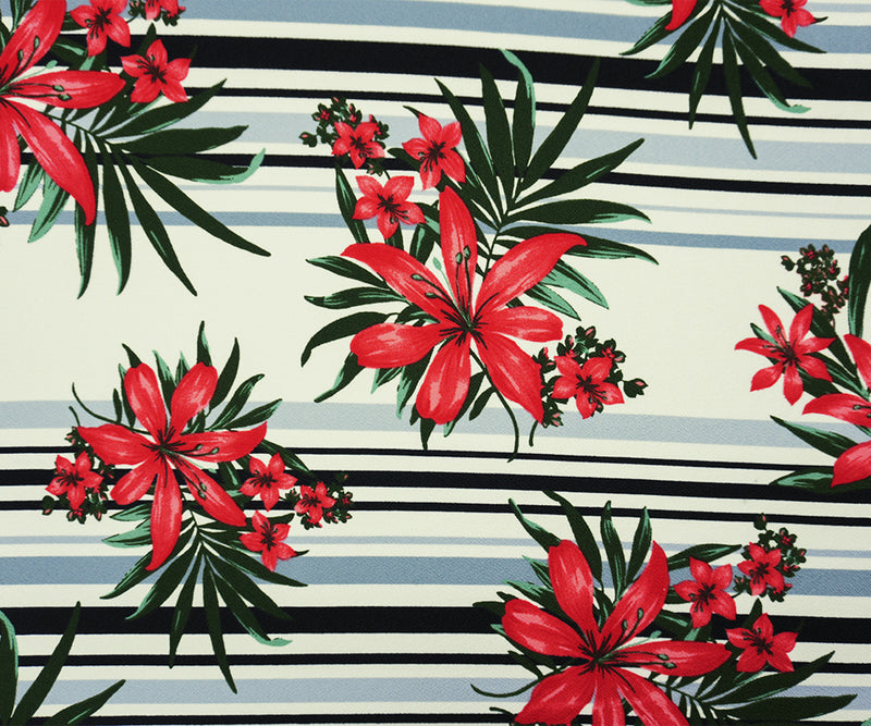 White-Multi Poly Floral Stripe Print Liverpool Double Knit Fabric