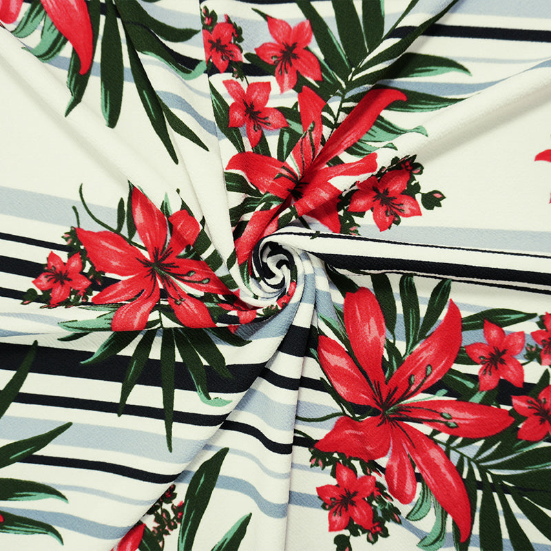 White-Multi Poly Floral Stripe Print Liverpool Double Knit Fabric