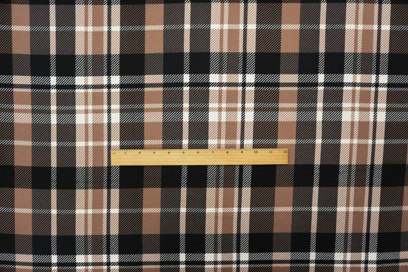 2 1/2 YD PC-Brown-Black-Ivory Poly Plaid Print Liverpool Double Knit Fabric