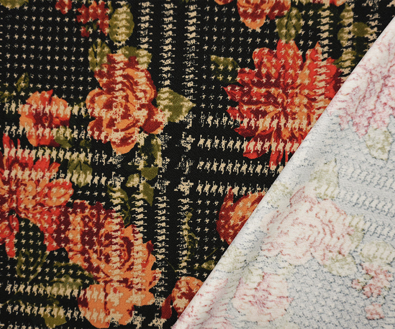 Black-Multi Poly Floral Plaid Print Liverpool Double Knit Fabric