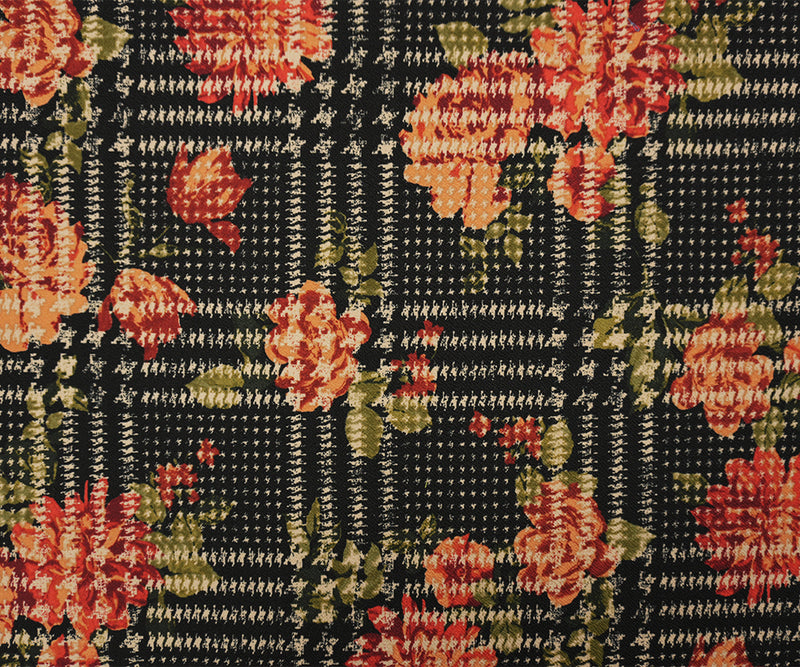 Black-Multi Poly Floral Plaid Print Liverpool Double Knit Fabric