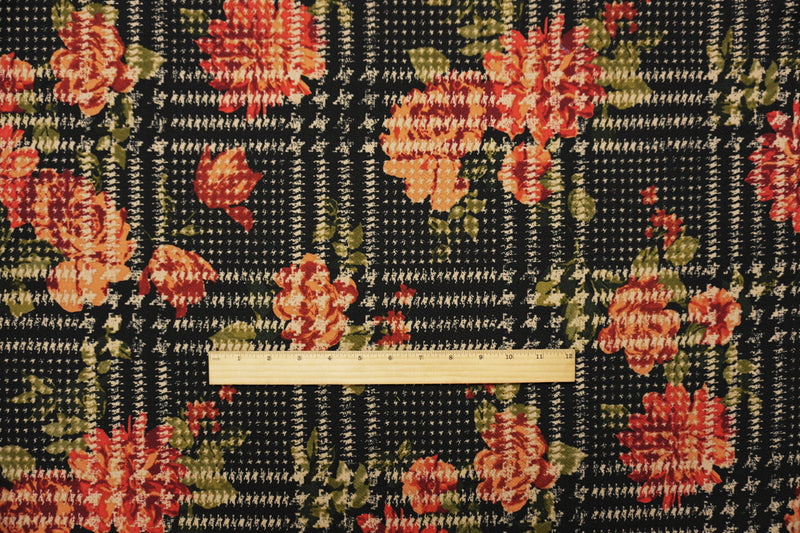 Black-Multi Poly Floral Plaid Print Liverpool Double Knit Fabric