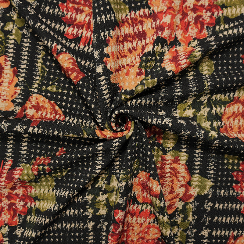 Black-Multi Poly Floral Plaid Print Liverpool Double Knit Fabric