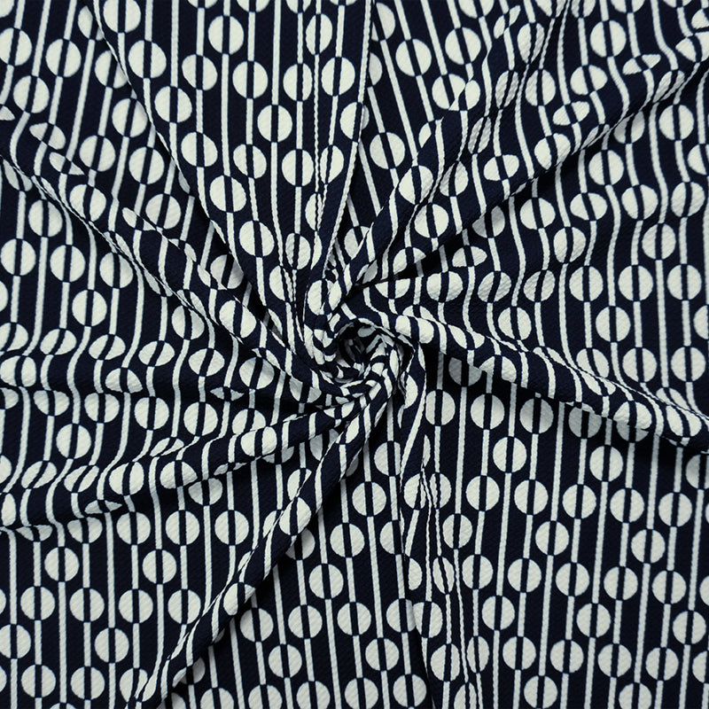 Deep Blue-White Poly Geometric Print Liverpool Double Knit Fabric