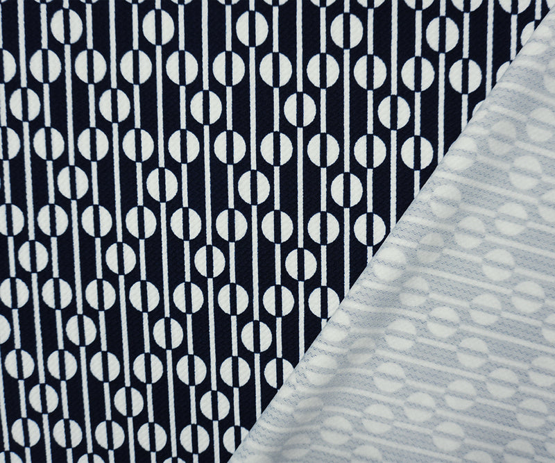 Deep Blue-White Poly Geometric Print Liverpool Double Knit Fabric