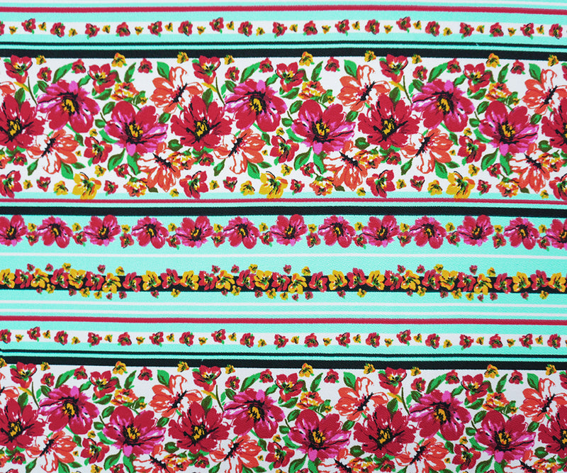 Teal-Red-Multi Poly Floral Stripe Print Liverpool Double Knit Fabric
