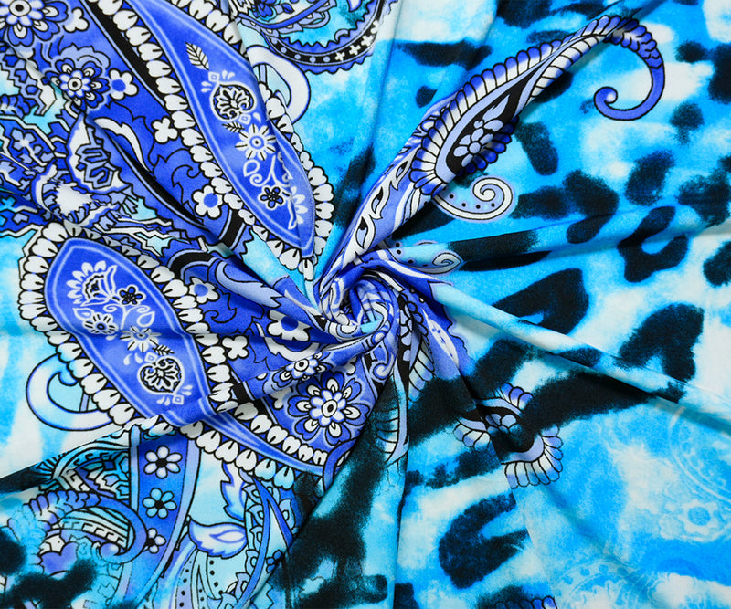 2 1/2 YD PC-Blue-Multi Poly Stretch Paisley Print ITY Jersey Knit Fabric