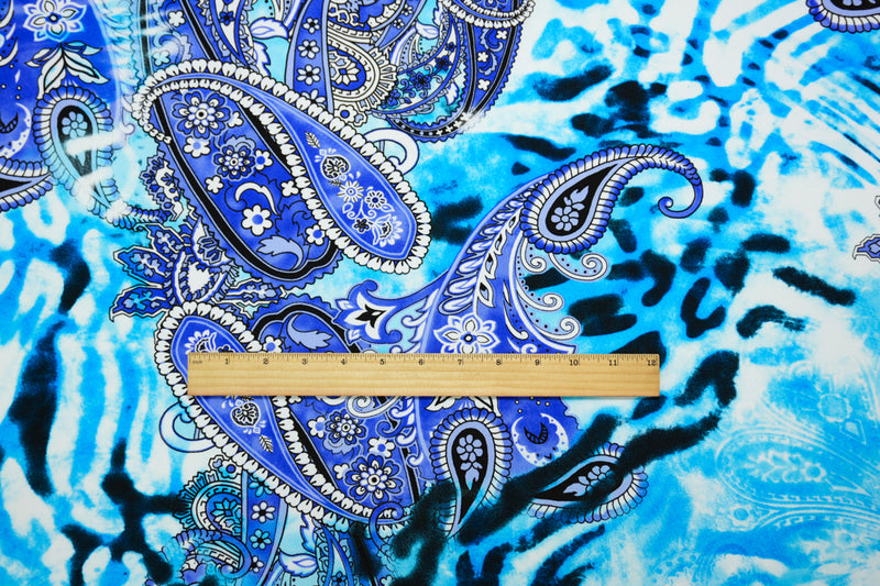 2 1/2 YD PC-Blue-Multi Poly Stretch Paisley Print ITY Jersey Knit Fabric