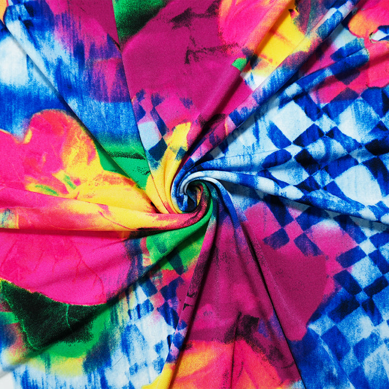 2 YD PC-Pink-Blue-Multi Poly Stretch Floral Print ITY Jersey Knit Fabric