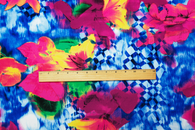 2 YD PC-Pink-Blue-Multi Poly Stretch Floral Print ITY Jersey Knit Fabric