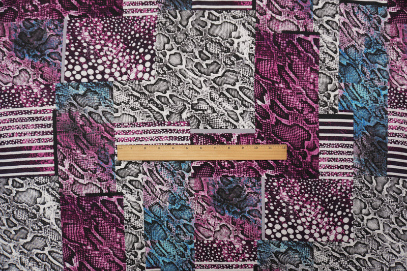 Purple-Black-Multi Rayon Reptile Printed Challis Woven Fabric