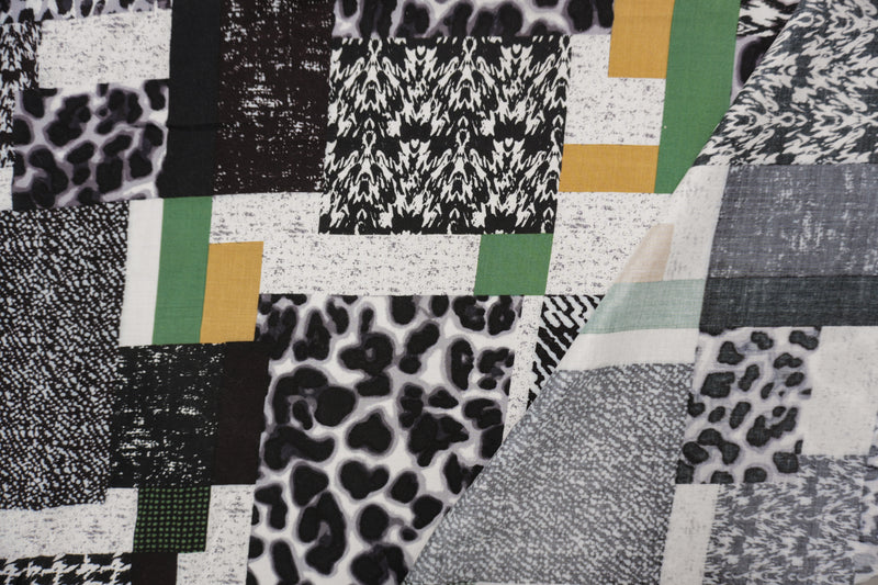 Black-White-Multi Rayon Multi Pattern Printed Challis Woven Fabric