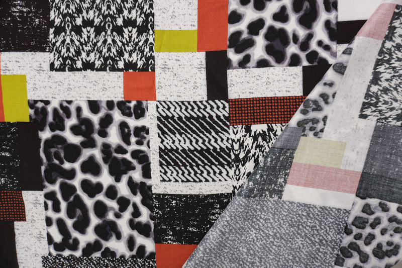 Black-White-Multi Rayon Multi Pattern Printed Challis Woven Fabric
