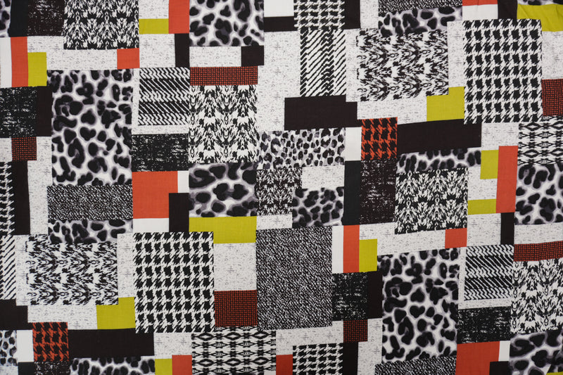 Black-White-Multi Rayon Multi Pattern Printed Challis Woven Fabric