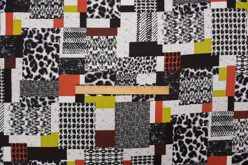 Black-White-Multi Rayon Multi Pattern Printed Challis Woven Fabric