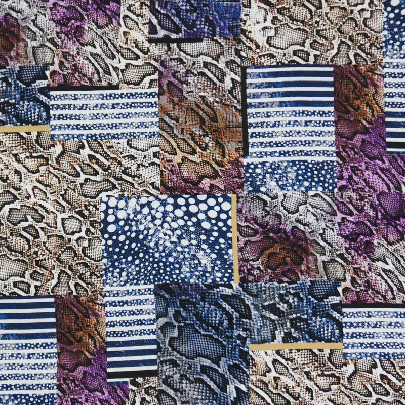 Blue-Brown-Multi Rayon Reptile Printed Challis Woven Fabric
