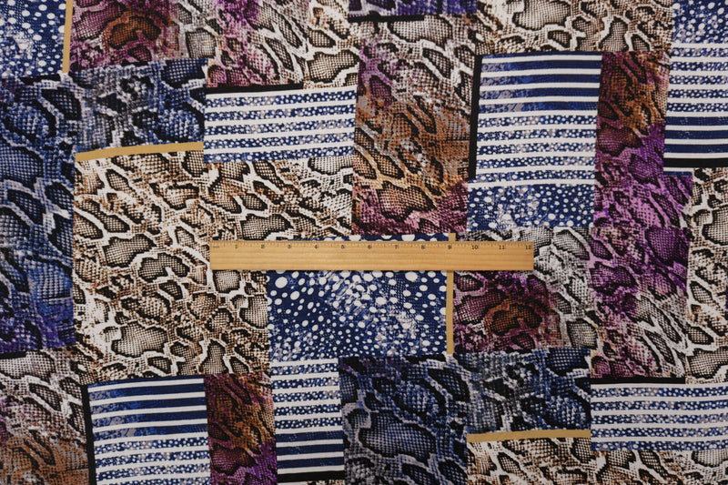 Blue-Brown-Multi Rayon Reptile Printed Challis Woven Fabric
