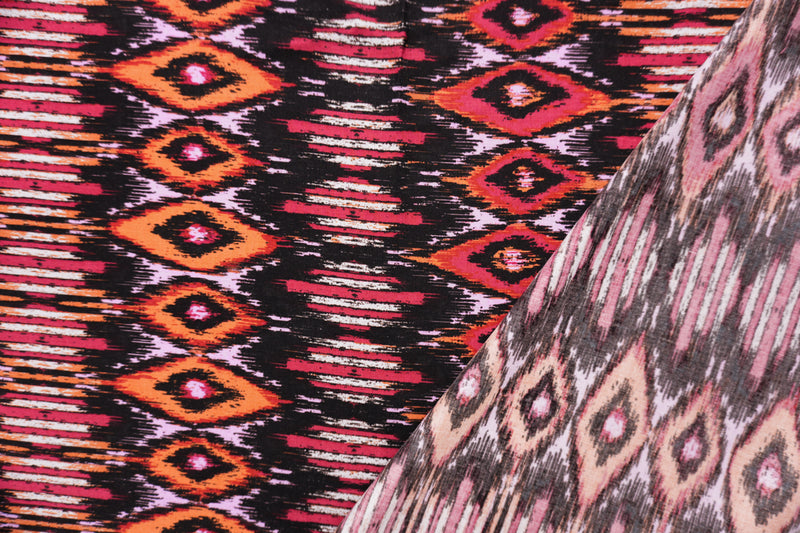 Orange-Black-Multi Rayon Ikat Printed Challis Woven Fabric