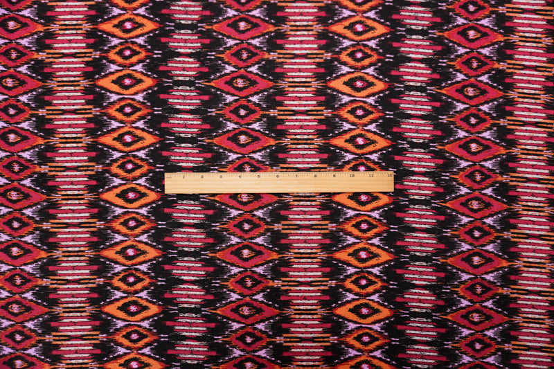 Orange-Black-Multi Rayon Ikat Printed Challis Woven Fabric