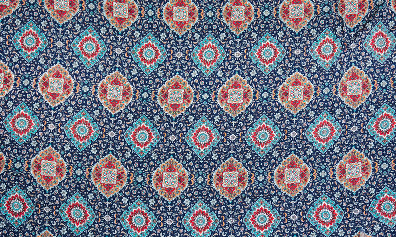 3 3/8 YD PC-Blue Rayon Floral Moroccan Washable Print Challis Woven Fabric