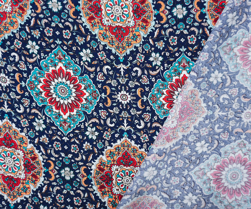 3 3/8 YD PC-Blue Rayon Floral Moroccan Washable Print Challis Woven Fabric