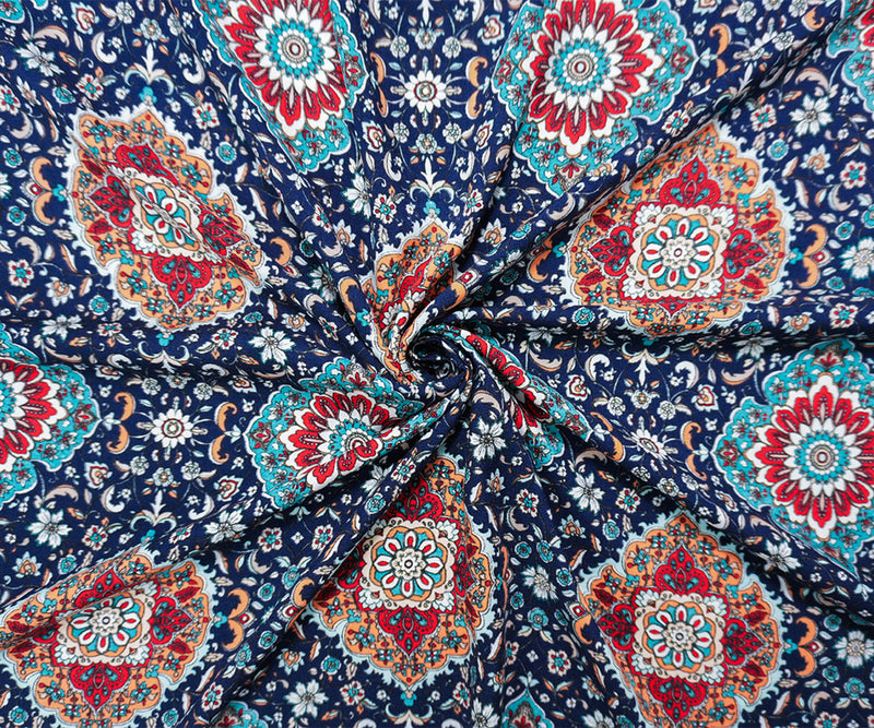 3 3/8 YD PC-Blue Rayon Floral Moroccan Washable Print Challis Woven Fabric