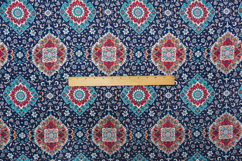 3 3/8 YD PC-Blue Rayon Floral Moroccan Washable Print Challis Woven Fabric