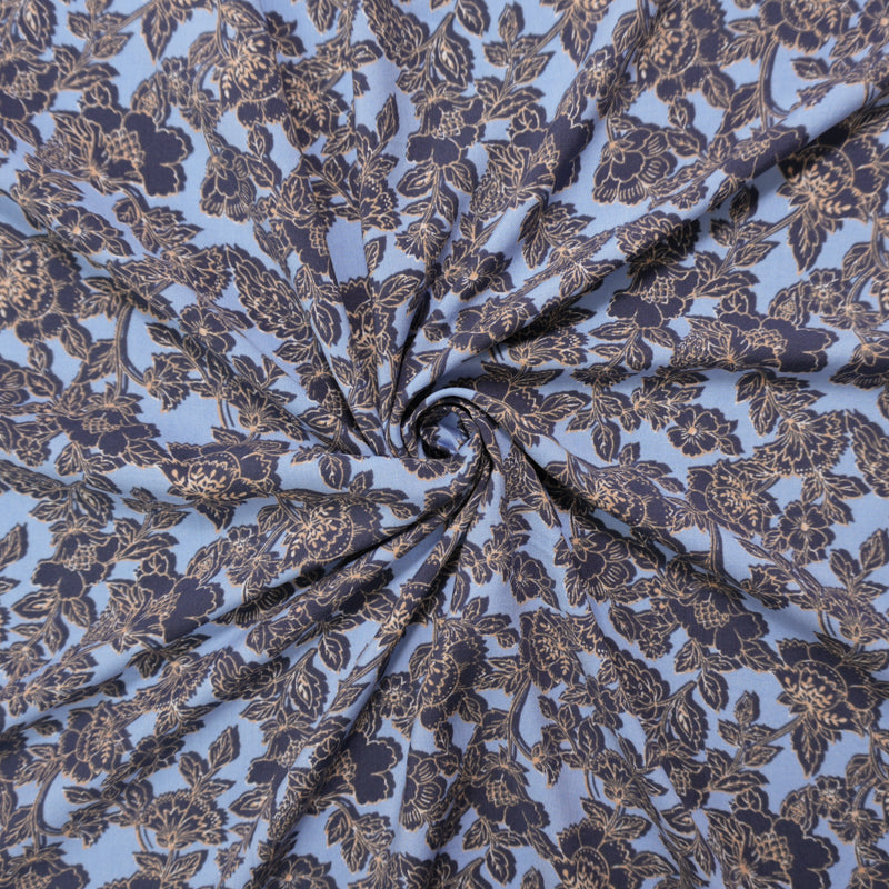 Blue-Orange Rayon Floral Printed Challis Woven Fabric