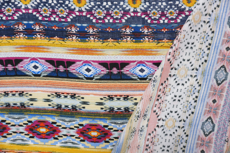 Blue-Yellow-Multi Rayon Aztec Printed Challis Woven Fabric