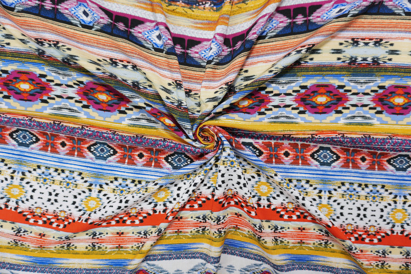 Blue-Yellow-Multi Rayon Aztec Printed Challis Woven Fabric